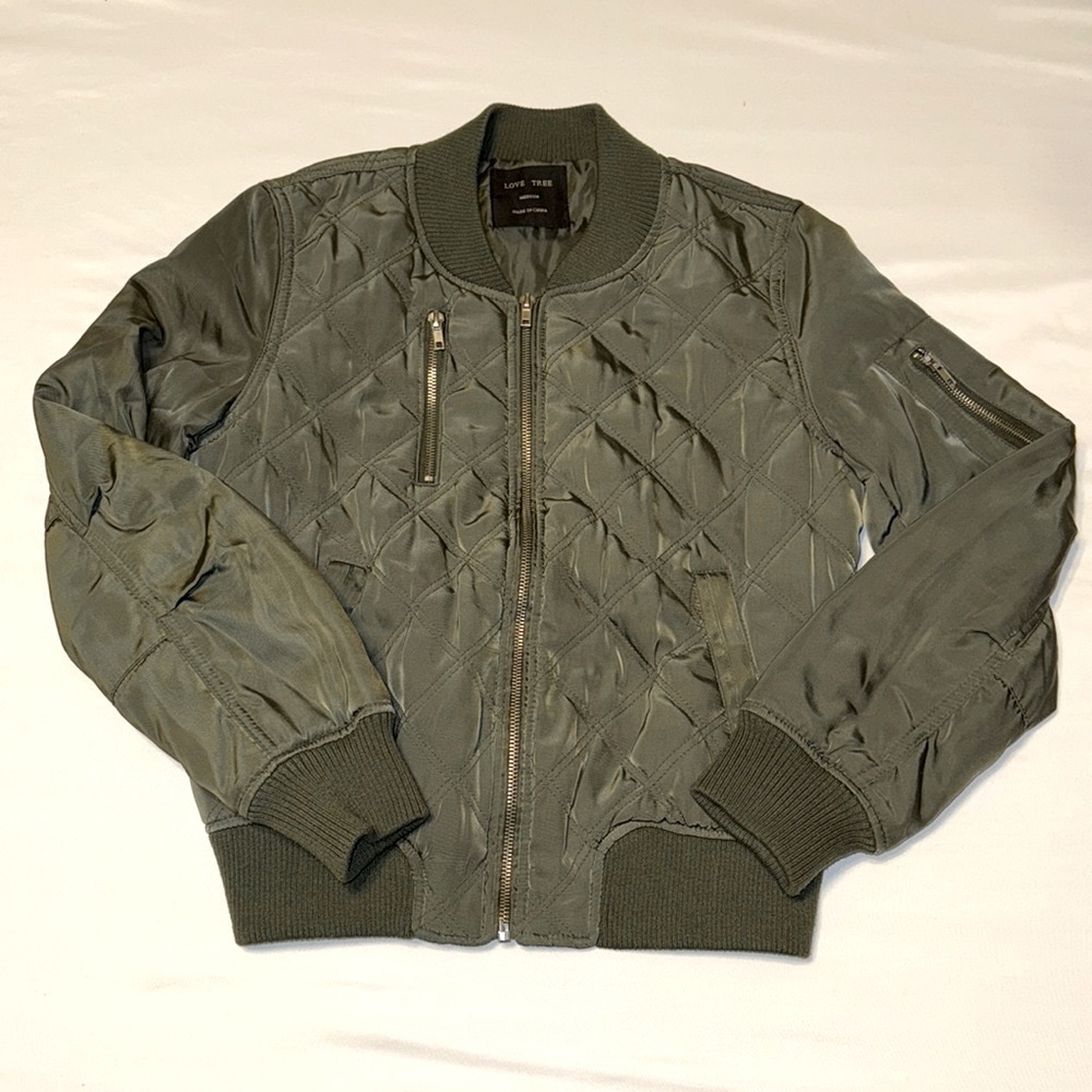 Love Tree Olive Green Satin Quilted Bomber Jacket Medium